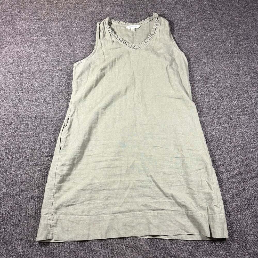 Briggs Linen Blend Dress Size S Green Sleeveless Ruffle V-Neck